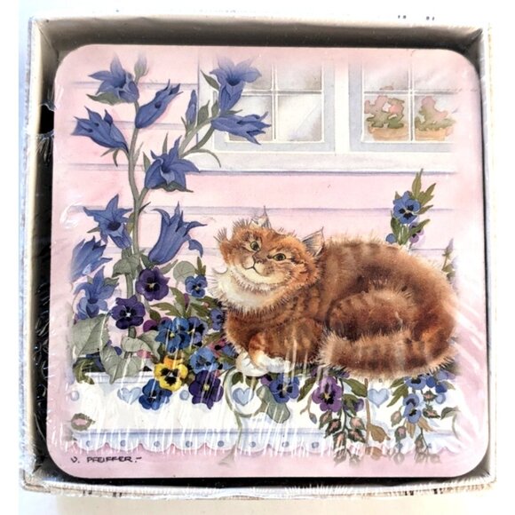 New Sealed Set Of 4 Cat Coasters By Valerie Pfeiffer Cork Lined 4*4" Box Canada - Picture 1 of 4